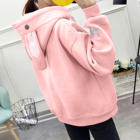 Kawaii Rabbit Ears Hoodie Winter Long Sleeve Blouse Loose Sweatshirt Design Cuff Printed Hooded Sweatshirt Soft Draw String Top