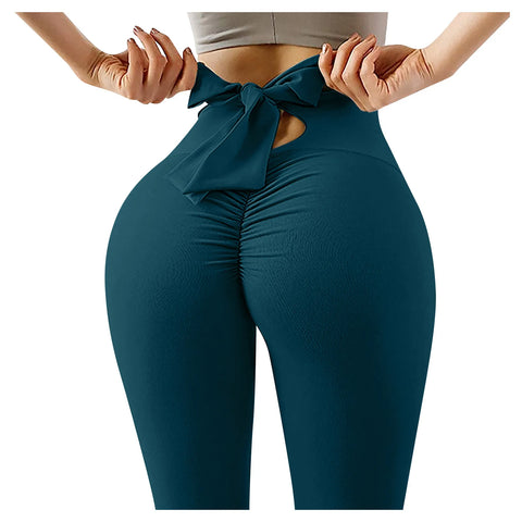 Elastic Running Leggings Pure Color Bowknot Bottoms Push Up Harajuku Fitness Ankle-length Pants Trouser Hollow Out Jeggings