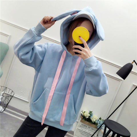 Kawaii Rabbit Ears Hoodie Winter Long Sleeve Blouse Loose Sweatshirt Design Cuff Printed Hooded Sweatshirt Soft Draw String Top