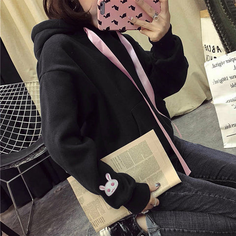 Kawaii Rabbit Ears Hoodie Winter Long Sleeve Blouse Loose Sweatshirt Design Cuff Printed Hooded Sweatshirt Soft Draw String Top