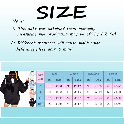 Kawaii Rabbit Ears Hoodie Winter Long Sleeve Blouse Loose Sweatshirt Design Cuff Printed Hooded Sweatshirt Soft Draw String Top