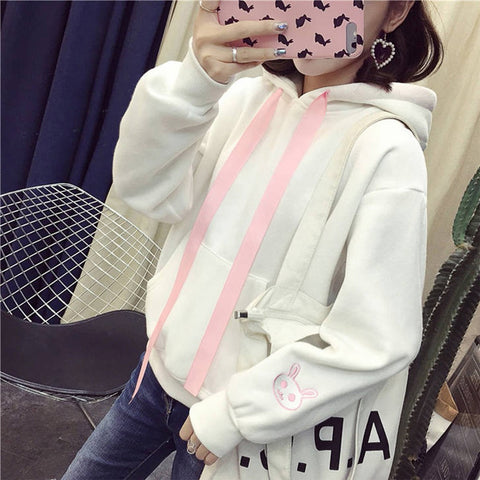 Kawaii Rabbit Ears Hoodie Winter Long Sleeve Blouse Loose Sweatshirt Design Cuff Printed Hooded Sweatshirt Soft Draw String Top