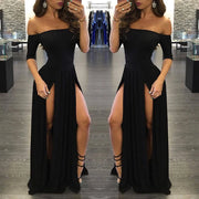Women Sexy Slash Neck Maxi Dress Solid Color High Slit Formal Party Dress Fashion Slim Summer Dress Vestido De Mulher