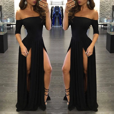 Women Sexy Slash Neck Maxi Dress Solid Color High Slit Formal Party Dress Fashion Slim Summer Dress Vestido De Mulher