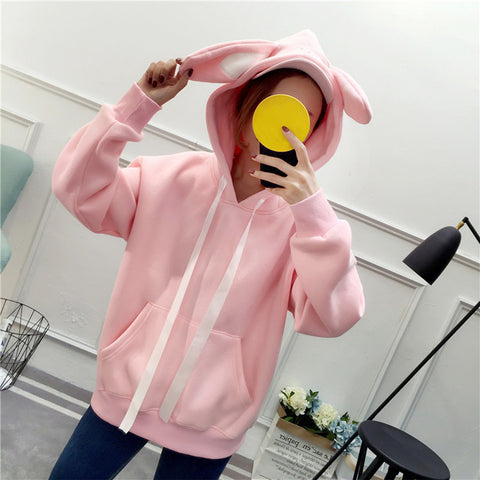 Kawaii Rabbit Ears Hoodie Winter Long Sleeve Blouse Loose Sweatshirt Design Cuff Printed Hooded Sweatshirt Soft Draw String Top