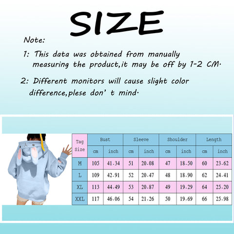 Kawaii Rabbit Ears Hoodie Winter Long Sleeve Blouse Loose Sweatshirt Design Cuff Printed Hooded Sweatshirt Soft Draw String Top