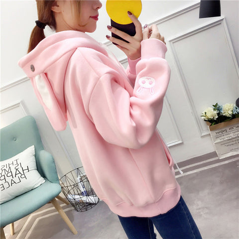 Kawaii Rabbit Ears Hoodie Winter Long Sleeve Blouse Loose Sweatshirt Design Cuff Printed Hooded Sweatshirt Soft Draw String Top