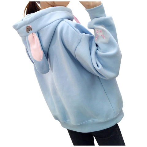 Kawaii Rabbit Ears Hoodie Winter Long Sleeve Blouse Loose Sweatshirt Design Cuff Printed Hooded Sweatshirt Soft Draw String Top