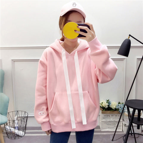 Kawaii Rabbit Ears Hoodie Winter Long Sleeve Blouse Loose Sweatshirt Design Cuff Printed Hooded Sweatshirt Soft Draw String Top