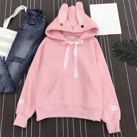 Kawaii Rabbit Ears Hoodie Winter Long Sleeve Blouse Loose Sweatshirt Design Cuff Printed Hooded Sweatshirt Soft Draw String Top