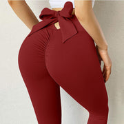 Elastic Running Leggings Pure Color Bowknot Bottoms Push Up Harajuku Fitness Ankle-length Pants Trouser Hollow Out Jeggings