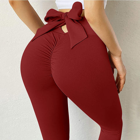 Elastic Running Leggings Pure Color Bowknot Bottoms Push Up Harajuku Fitness Ankle-length Pants Trouser Hollow Out Jeggings