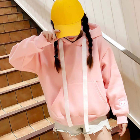 Kawaii Rabbit Ears Hoodie Winter Long Sleeve Blouse Loose Sweatshirt Design Cuff Printed Hooded Sweatshirt Soft Draw String Top