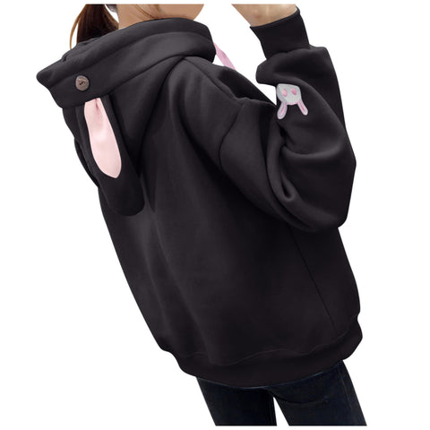 Kawaii Rabbit Ears Hoodie Winter Long Sleeve Blouse Loose Sweatshirt Design Cuff Printed Hooded Sweatshirt Soft Draw String Top