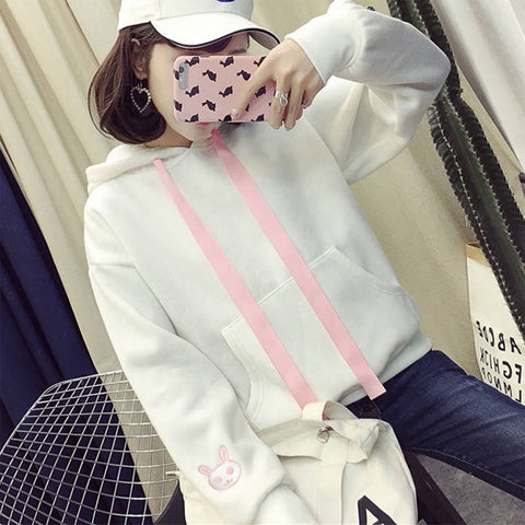 Kawaii Rabbit Ears Hoodie Winter Long Sleeve Blouse Loose Sweatshirt Design Cuff Printed Hooded Sweatshirt Soft Draw String Top