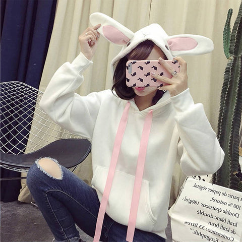 Kawaii Rabbit Ears Hoodie Winter Long Sleeve Blouse Loose Sweatshirt Design Cuff Printed Hooded Sweatshirt Soft Draw String Top
