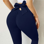 Elastic Running Leggings Pure Color Bowknot Bottoms Push Up Harajuku Fitness Ankle-length Pants Trouser Hollow Out Jeggings