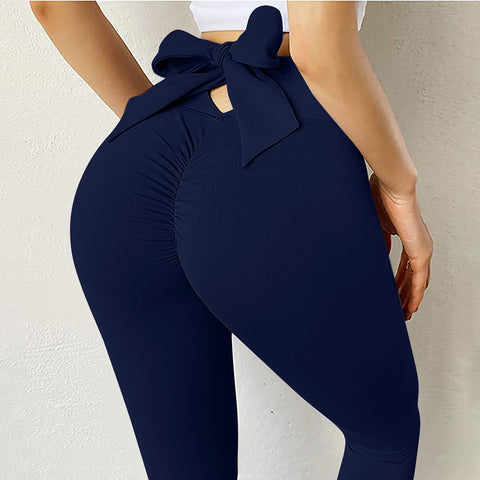 Elastic Running Leggings Pure Color Bowknot Bottoms Push Up Harajuku Fitness Ankle-length Pants Trouser Hollow Out Jeggings