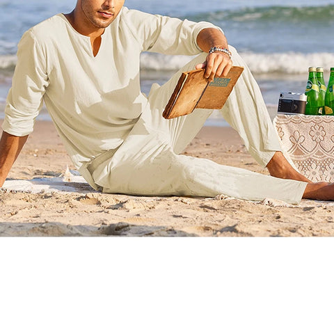 Men s Summer Cotton Linen Clothes Solid Color Long Sleeve Henley Shirt Elastic Waist Drawstring Pants 2 Pieces Loungewear Set