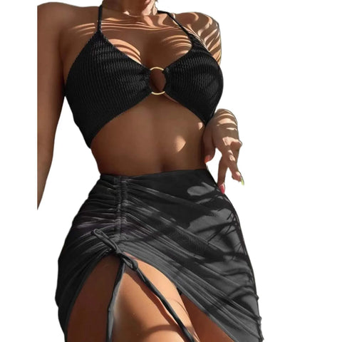 Bikini Women'S Sexy Solid 3 Piece Bathing Suit Seductive Hollow Buckle Biquini With Adjustable Drawstring For Womens купальники