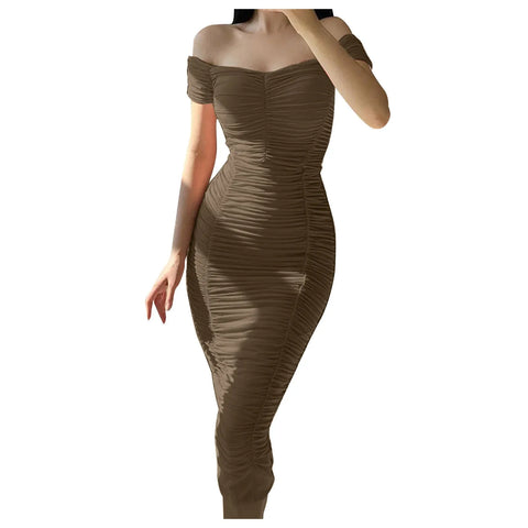 Elegant Pleated Bodycon Formal Dress Women's Off Shoulder Solid Color Gathered Slim Sexy Dress Women Girls Slim Birthday Dresses