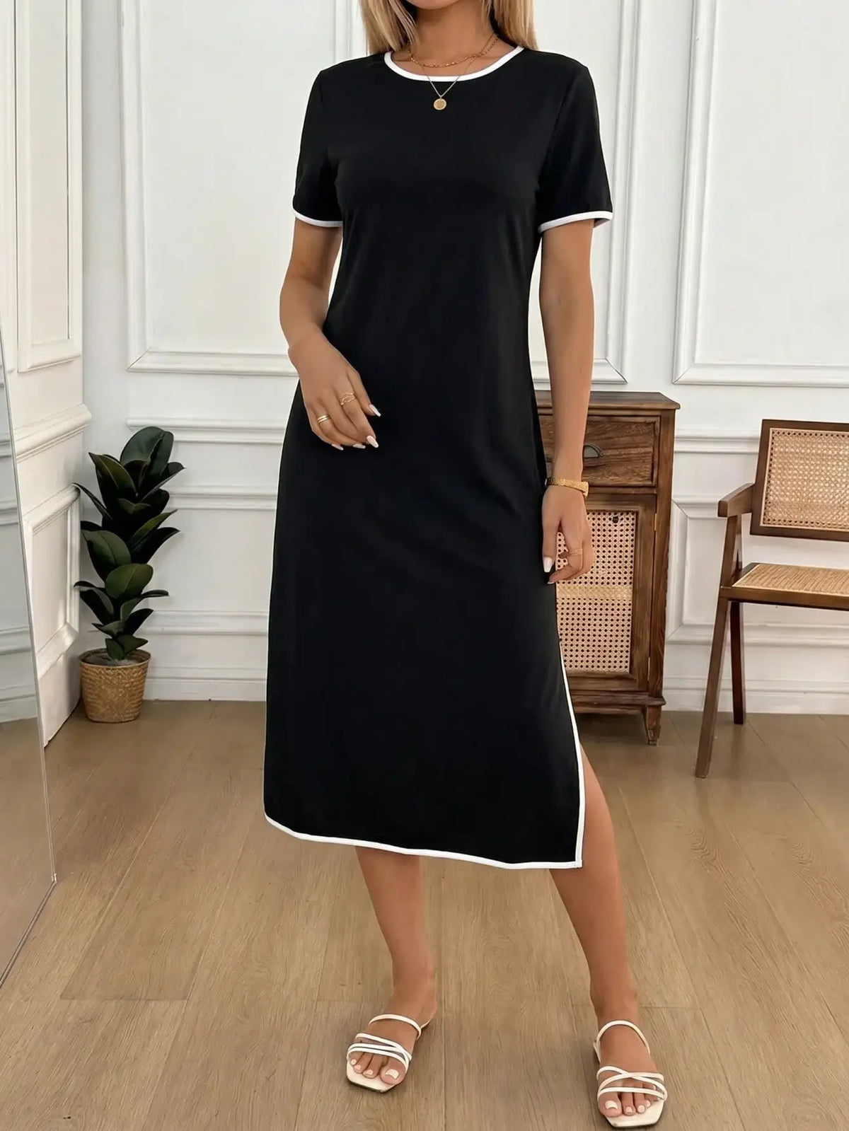 Contrast-Trim Side-Slit Midi T-Shirt Dress – view 6 of 12
