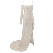 Elegant Sparkly Sequins Dresses Women 2023 Fashion Mermaid Slash Neck One Shoulder Wedding Prom Dress Slim Split Evening Dress