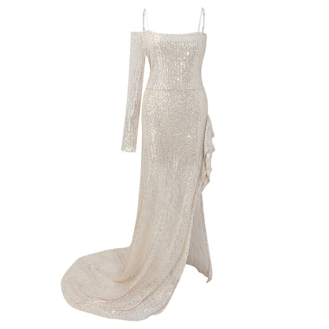 Elegant Sparkly Sequins Dresses Women 2023 Fashion Mermaid Slash Neck One Shoulder Wedding Prom Dress Slim Split Evening Dress