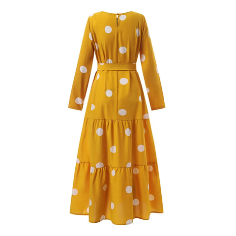 2025 Women Spring Muslim Dress Elegant Casual Loose Abaya Kaftan Sundress Long Sleeved Polka Dots Printed O-neck Maxi Robe