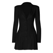 Women's Suit Dress Ladies Solid Color Sexy Button Deep V suit Collar Cardigan Mature Woman Style Short Ruffle Edge Dress