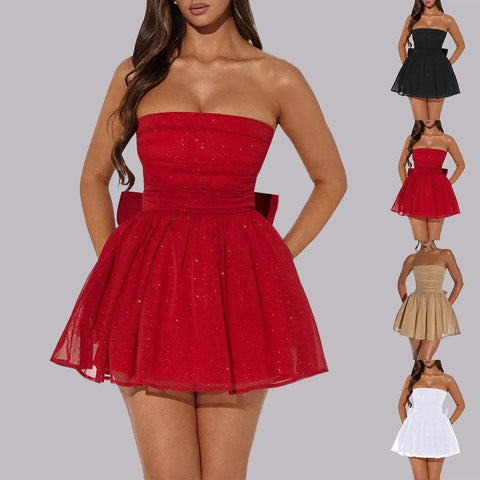 New In Dresses Strapless Short Homecoming Dresses For Teens Sparkly Tulle Prom Cocktail Party Gowns With Bow Robes Courtes
