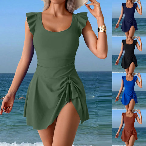 Women 1 Piece Swimdress Ruffle Sleeve Tie Knot Swim Dresses Slim Waist Bathing Ladies Solid-Color Separate Beach Wear Bikini