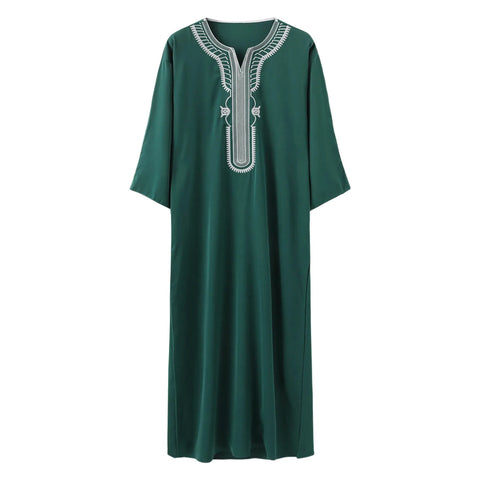 2025 Islamic Loose Abaya Men's Muslim Abaya Short Sleeve Embroidered Moroccan Arabic Style Traditional Green Abaya For Men
