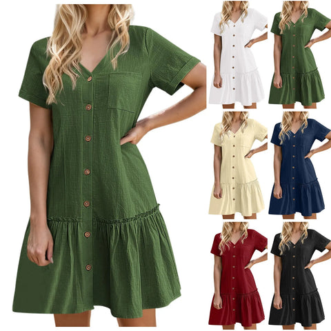 Female Dresses Outfits Women Button Down Dress Loose Summer Cotton Linen Shirt Dress Ruffle Casual Tunic Dress платье женское