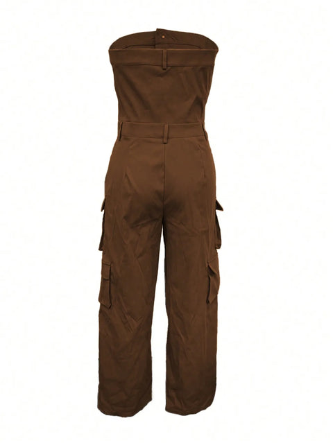 Solid Color Casual Overalls Jumpsuit, Sexy Straight Tube Tube Top Long Jumpsuit, With Pockets, Women's Wear