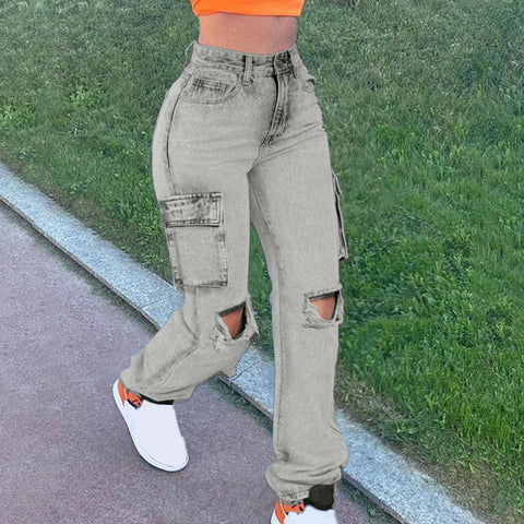 Women'S Jeans New Trendy Fall Wholesale Casual Washed Baggy Pocket Cargo Straight Trousers Jeans Ladies Streetwear Black Denim