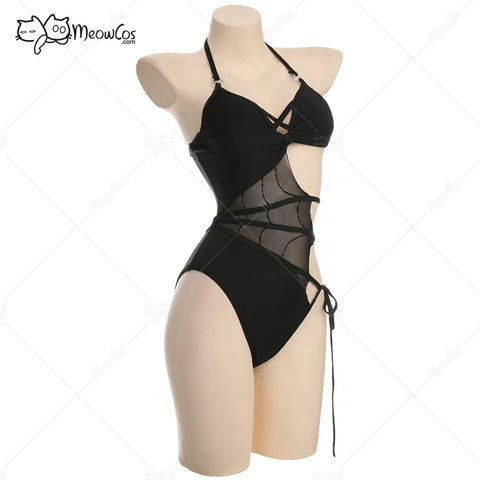 Meowcos Women Gothic Sexy Swimsuits for Women Halter Mesh Cutout One-Piece Swimsuit Tummy Control Bathing Suit