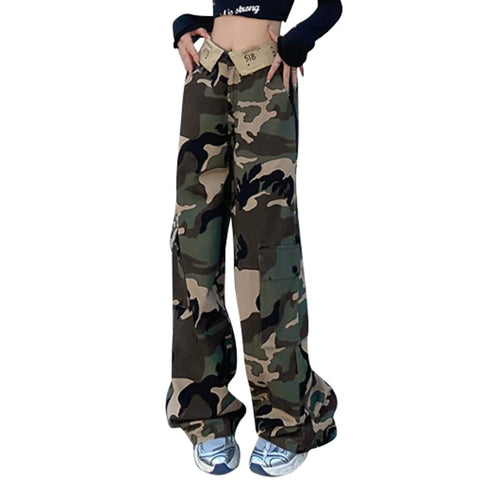 Jeans Women Camouflage Printed High Waist Grunge Floor Length Denim Trousers Double Layer Baggy Parachute Aesthetic Cargo Pants