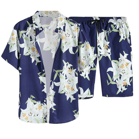 Printing Mens Summer Set 2pc Casual Sportswear Simple Series Short Sleeve Shirt And Shorts Two Piece Sets For Male Ropa Hombre