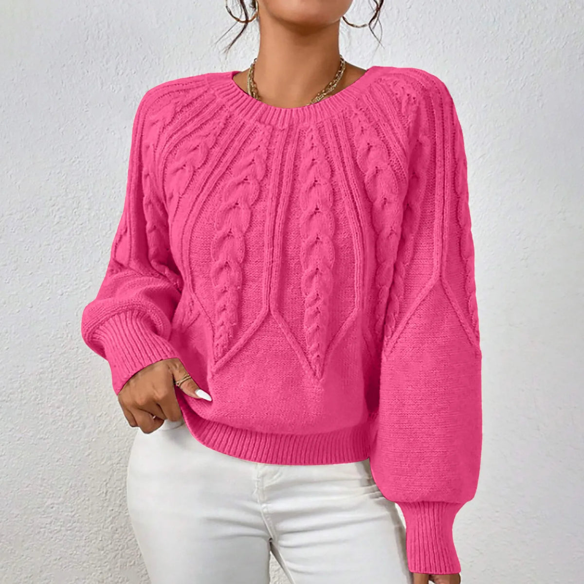 Cable Knit Puff Sleeve Crewneck Sweater – view 13 of 20