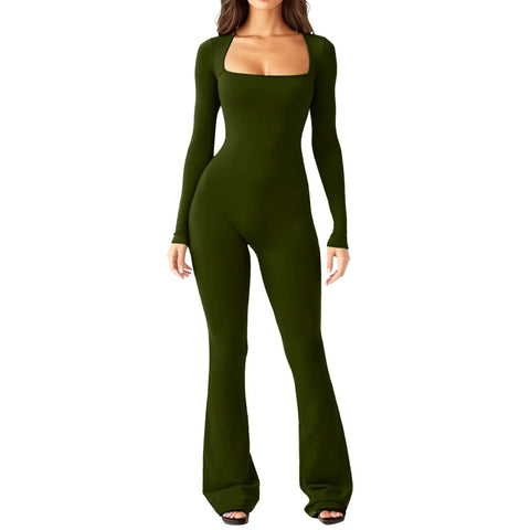Women Autumn Winter Long Sleeve Bodycon Streetwear Jumpsuit Overall One-Piece Outfit Square Neck Solid Wide Leg Pant Yoga Cloth