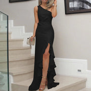 Ladies Sexy Slash Neck Ruched Evening Dresses Women Irregular Ruffles Formal Dress Slim Bodycon Solid Prom Dresses Evening Party