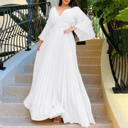 Women's Elegant White Evening Dress Deep V Neck Flare Sleeve Pleated Wedding Guest Dress With Belt Formal Dresses For Women