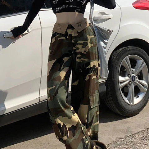 Jeans Women Camouflage Printed High Waist Grunge Floor Length Denim Trousers Double Layer Baggy Parachute Aesthetic Cargo Pants