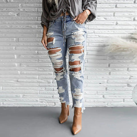 Fashion Streetwear Holes Jeans Women Summer New Mid High Waist Distressed Ripped Denim Pants Stylish American Style Jeans Pants