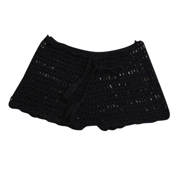 Women's Summer Solid Color Handwoven Crochet Bikini  Shorts Beach Swimming Pants Stretchable Strap Hollow Flat Corner Pants