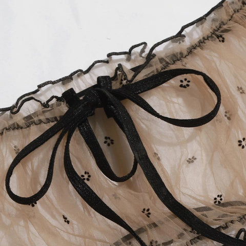 Women Sexy Strapless Sleepwear Two Piece Set One Shoulder Neckline Tulle Bowknot Lace Underwear High Waist Side Ties Thong Set