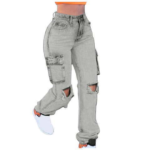 Women'S Jeans New Trendy Fall Wholesale Casual Washed Baggy Pocket Cargo Straight Trousers Jeans Ladies Streetwear Black Denim