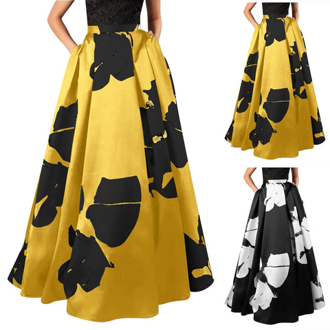 Bohemian Floral Print Maxi Skirt For Women High Waist Party Long Skirt With Pocket Summer Casual Loose Swing Skirts 2024 Faldas