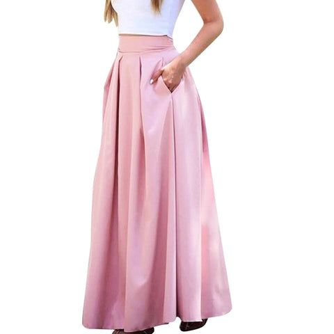 Spring Summer Office Lady Pleated Skirt Women High Waist A Line Floor Length Skirt Faldas With Pockets Solid Baggy Maxi Skirt